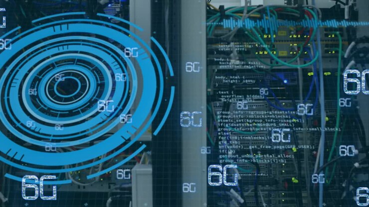 Animation of 6g text, digital data processing over computer servers