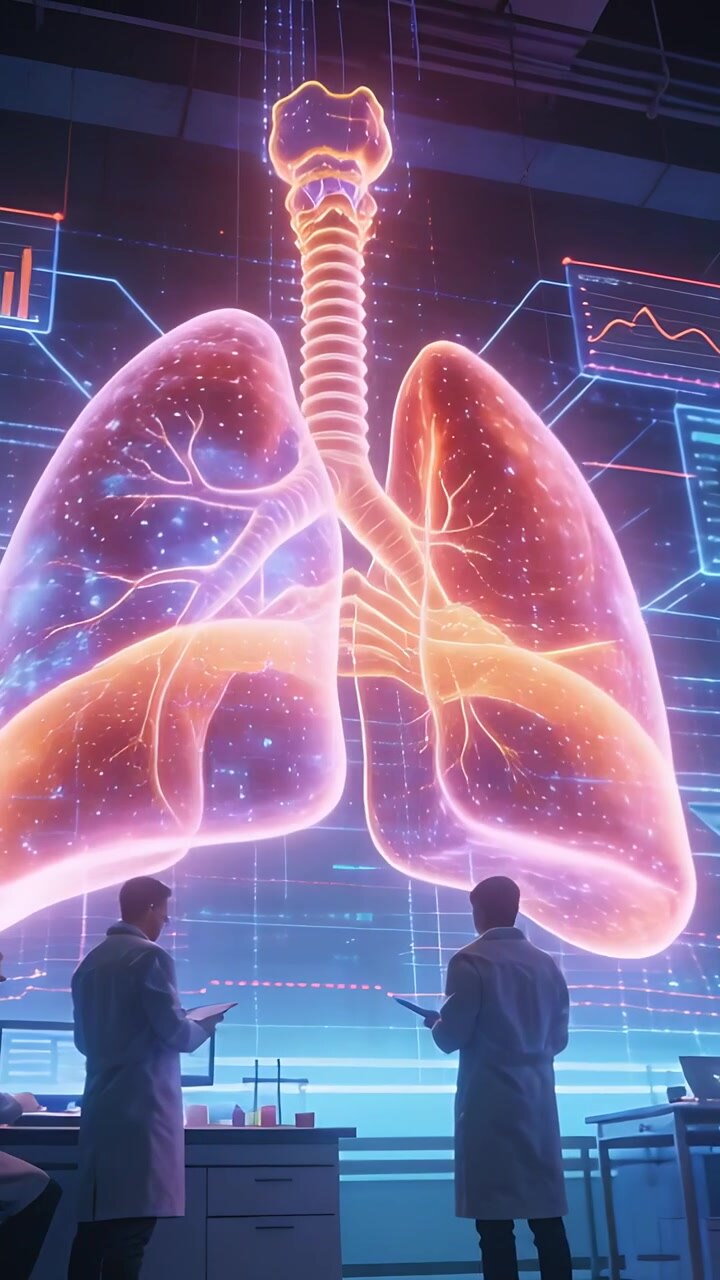 Vertical video: Responding to UI update team in lab coats pointing and scanning holo lungs in lab
