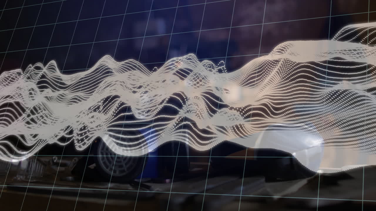 Animation of digital wave pattern overlaying car on grid background