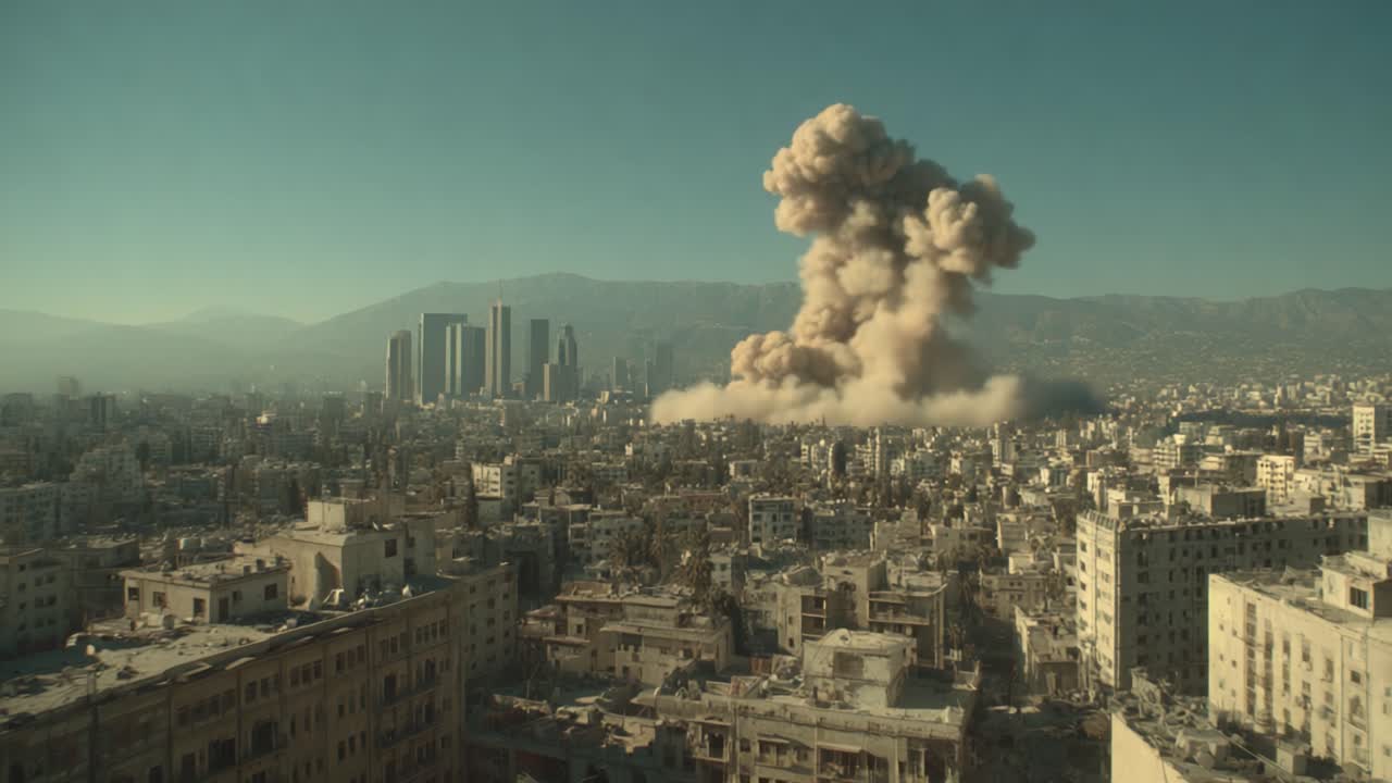 Distruzione Scatenata: Una Scena Esplosiva di Devastazione Urbana con Nuvole di Polvere che si Alzano sopra i Grattacieli su uno Sfondo Montuoso