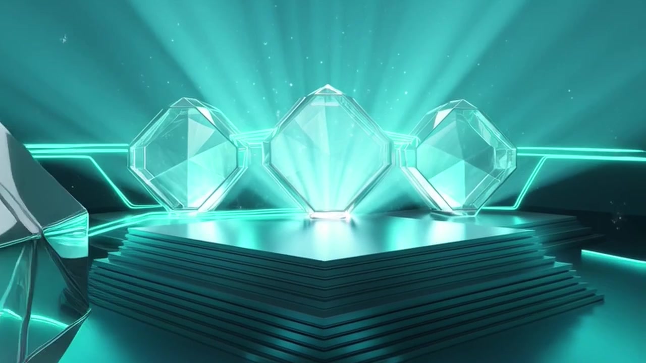 Abstract 3D Stage with Glowing Geometric Crystal Structures