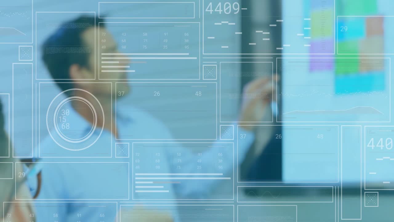 Seated man tapping glasses asking question, presenter pointing charts with data overlays in finance