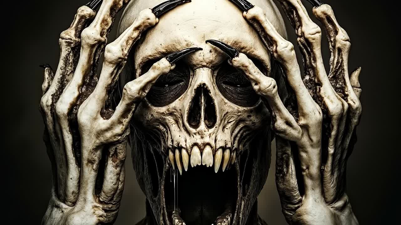 A close up of a skeleton holding his hands to his face