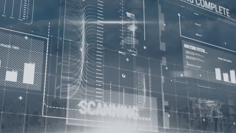 animation of data processing and diagrams over cityscape