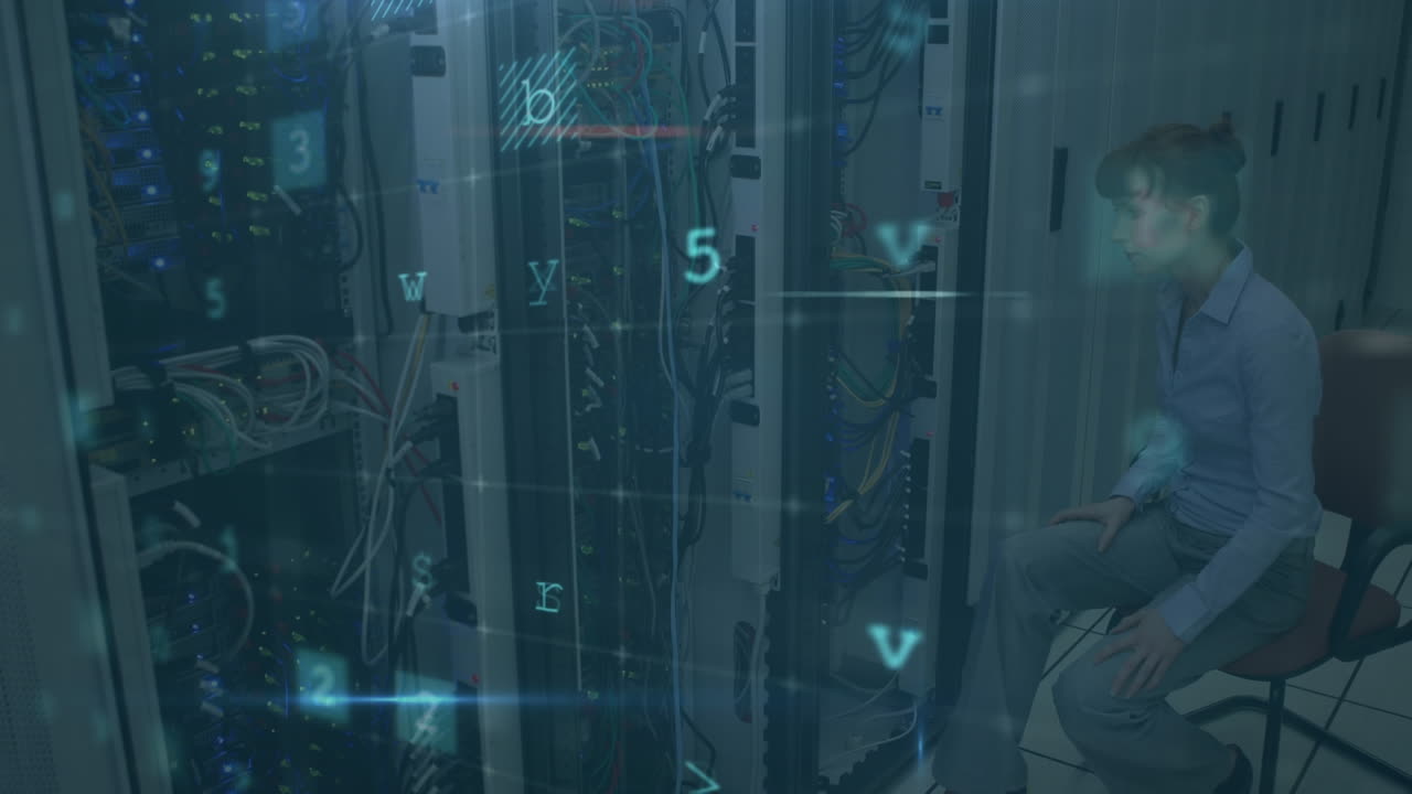 Animation of cyber attack text and data processing over caucasian female it technician by server