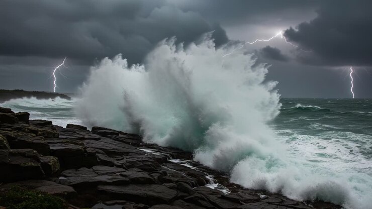 Océan déchaîné avec éclairs et vagues s'écrasant sur une côte rocheuse