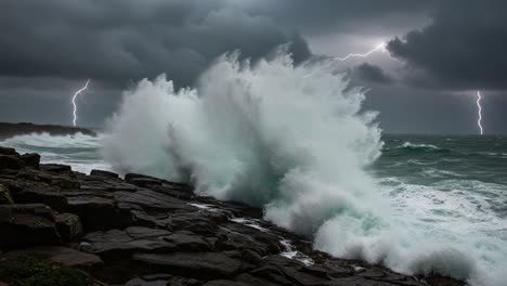 stormy ocean with lightning and crashing waves on a rocky coast