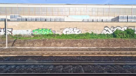 graffiti-covered walls seen from a moving train