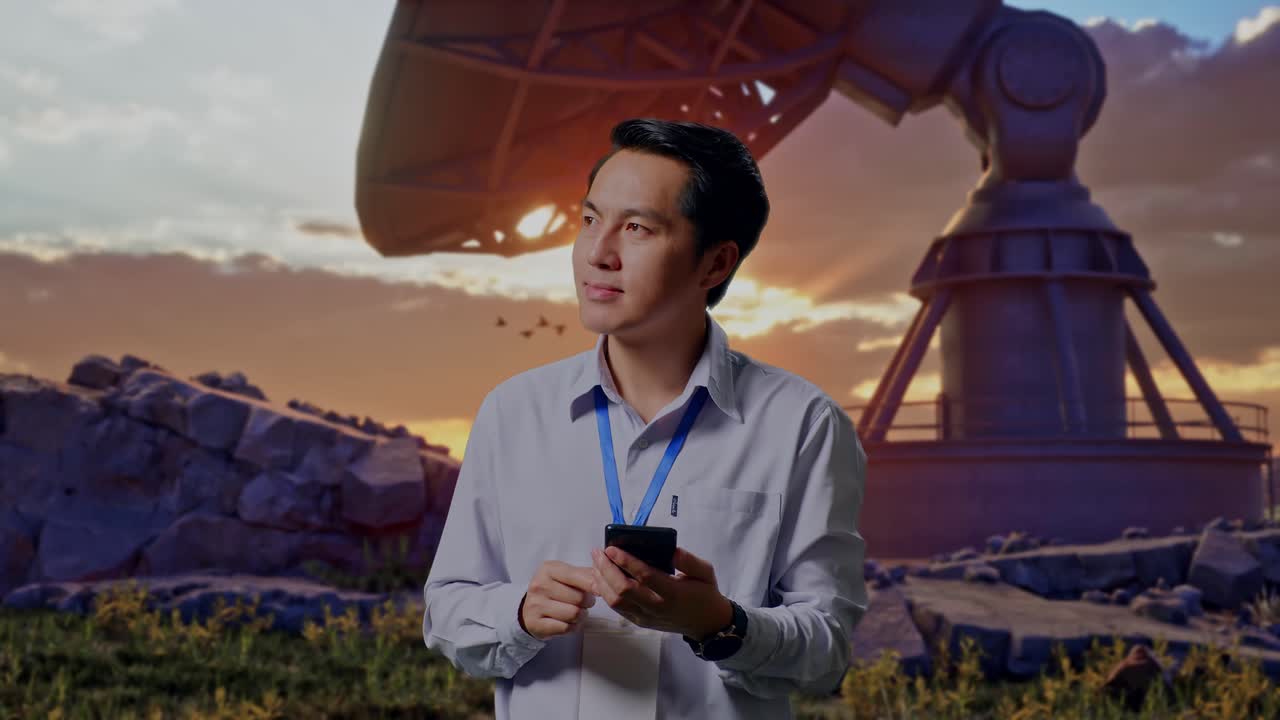 Asian Male Professional Worker Standing With His Smartphone With Large Satellite Dish, He Observes By Looking Around Before He Come To Concentrating With His Smartphone