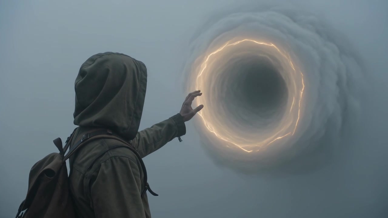 Seeing portal right in fog, parka person raising hand toward lit ring with backpack, copy space