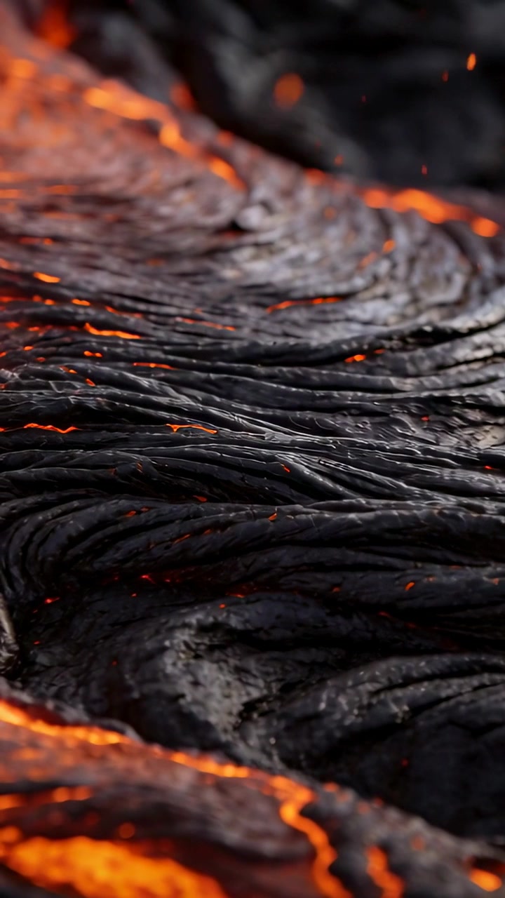 Vertical video: Camera zooming ropy lava crust pulsing and moving from vent closeup, glowing seams