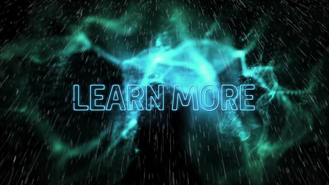 Learn More text animation over abstract blue and green light streaks