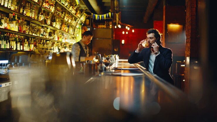 Uomo d'affari sorridente che parla al cellulare in un bar di notte. Uomo che gusta un whisky