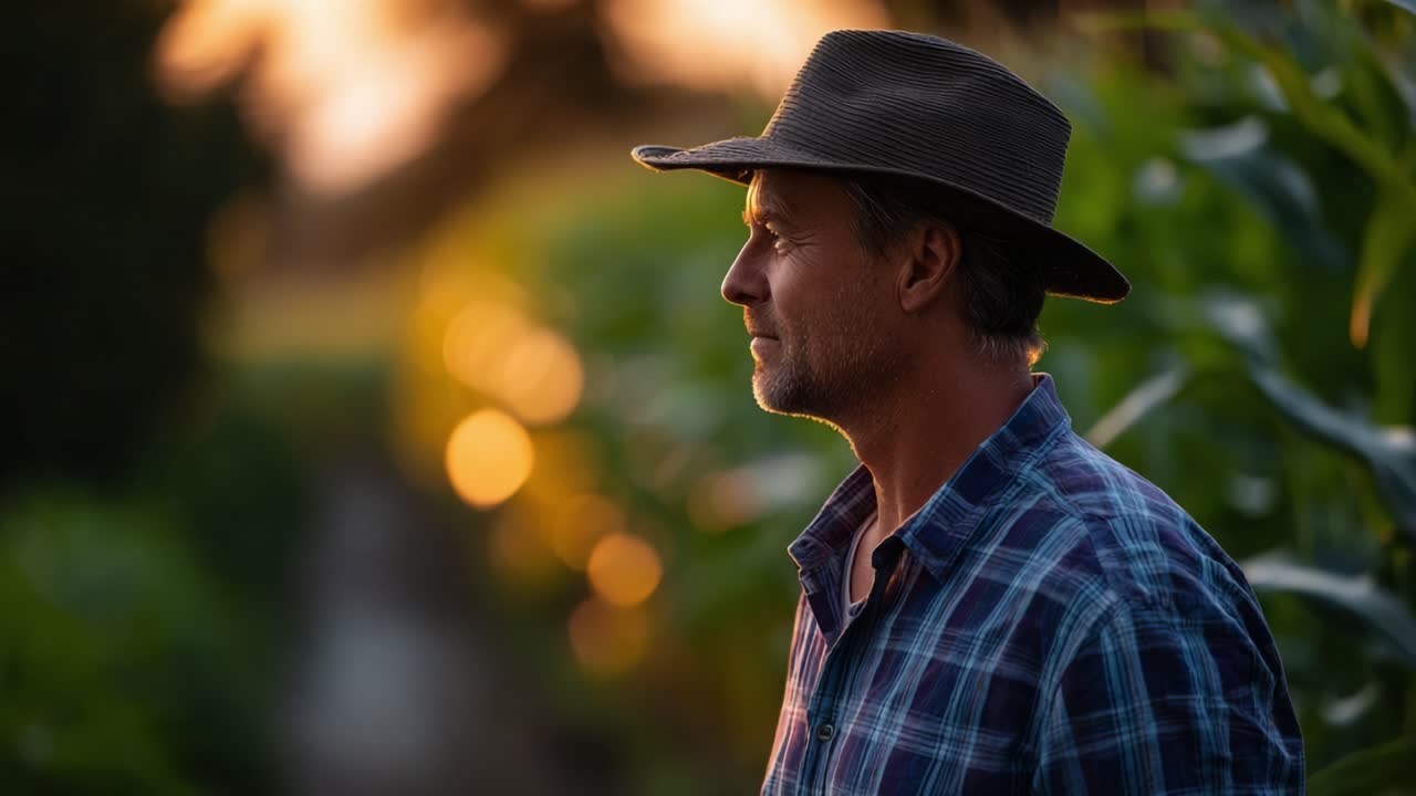 A thoughtful man in a hat stands amidst green fields during sunset, reflecting on his thoughts, surrounded by the warm glow of nature's evening light