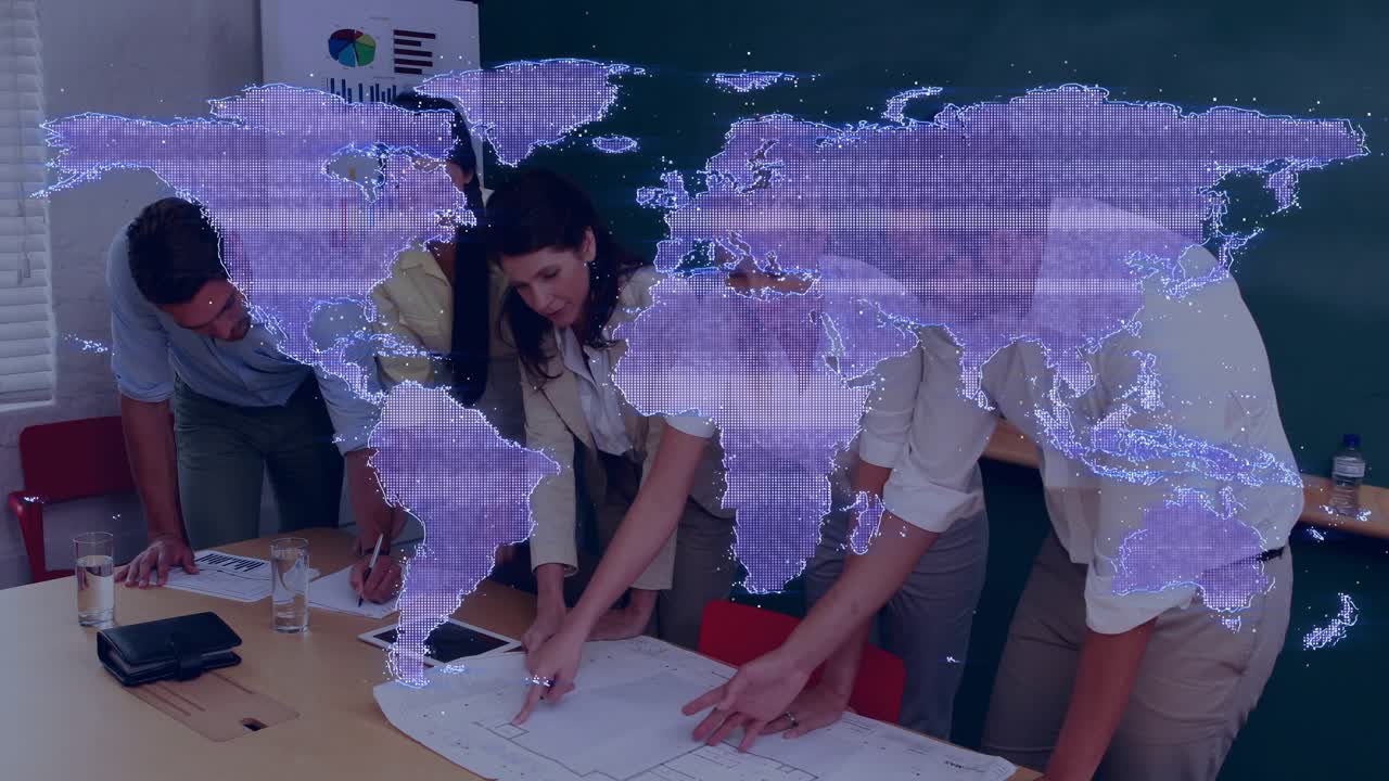 Project team examining plan in office, central woman tapping tablet causing global design overlay