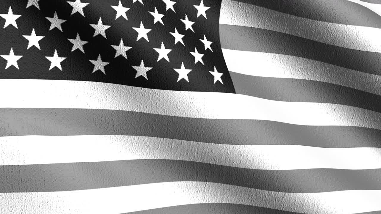bucle sin costura 4k vdo. bandera nacional de los estados unidos de américa soplando en el viento para el 4 de julio o el día de la independencia. diseño patriótico oficial. ilustración 3d de signo ondulante. color blanco y negro.