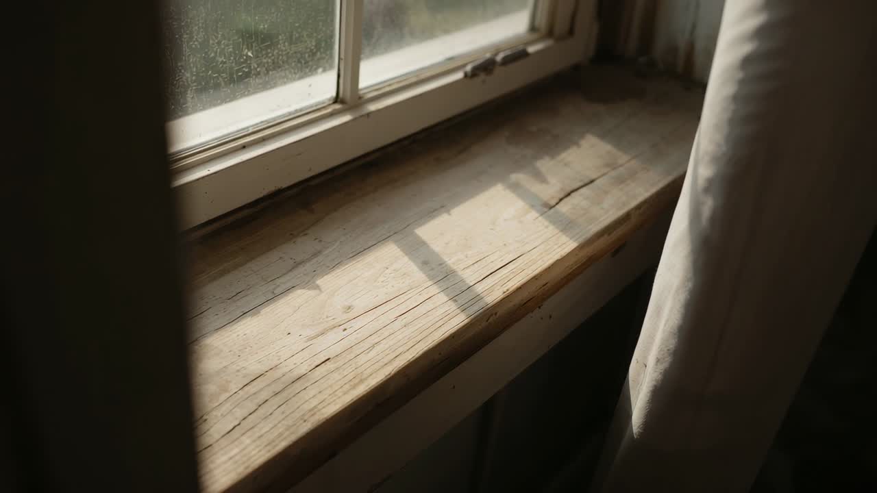 Absorbing sun shift, wooden sill at window showing muntin shadow moving and curtain drifting inward