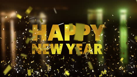 animation of happy new year text and confetti over cityscape on black background