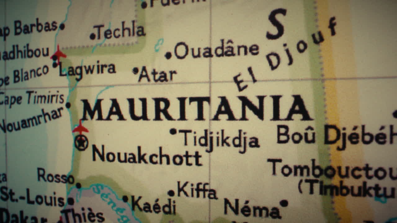 A close-up view of a map centered on Mauritania in West Africa