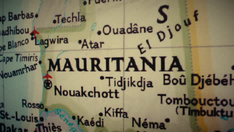 a close-up view of a map centered on mauritania in west africa