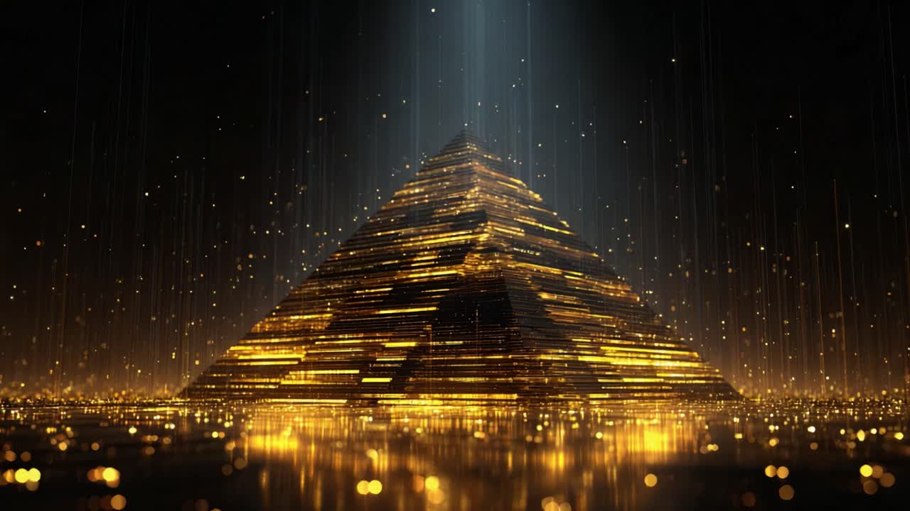 Luminous golden pyramid structure shimmering with digital data streams and reflecting on a dark surface, representing concepts of advanced technology, finance, wealth, and digital architecture