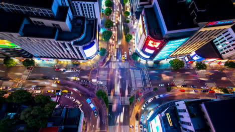 aerial view of a busy city intersection at night