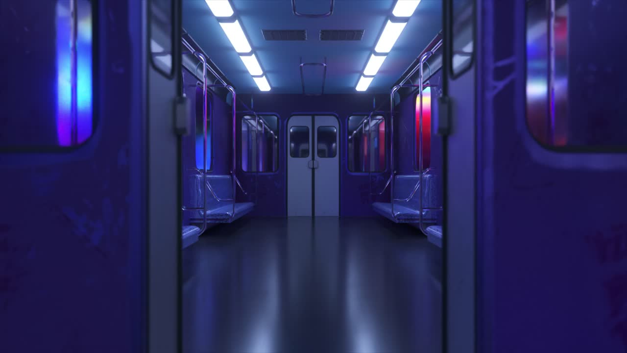 Vagone della metropolitana vuoto con neon viola.