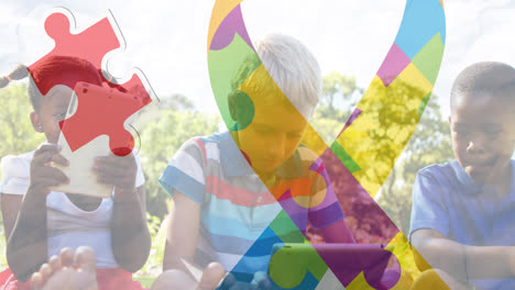 animation of colorful puzzle pieces ribbon over happy playing children