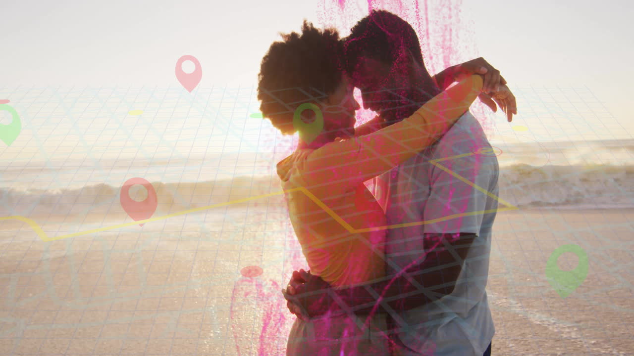 Couple embracing on beach with location markers and data overlay animation