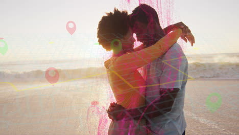 couple embracing on beach with location markers and data overlay animation