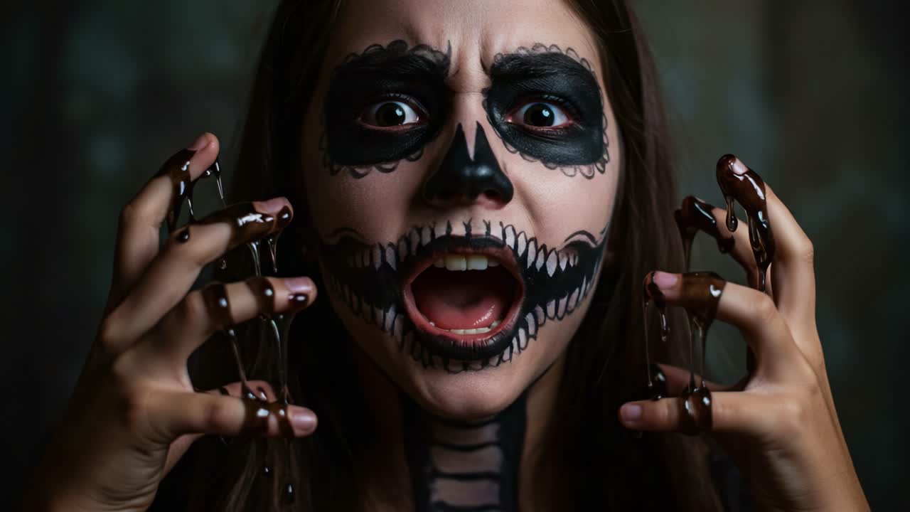 A striking transformation featuring an intense expression of a woman with intricate skull face paint, creating an atmosphere of mystery and intrigue with dark elements