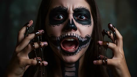 a striking transformation featuring an intense expression of a woman with intricate skull face paint, creating an atmosphere of mystery and intrigue with dark elements