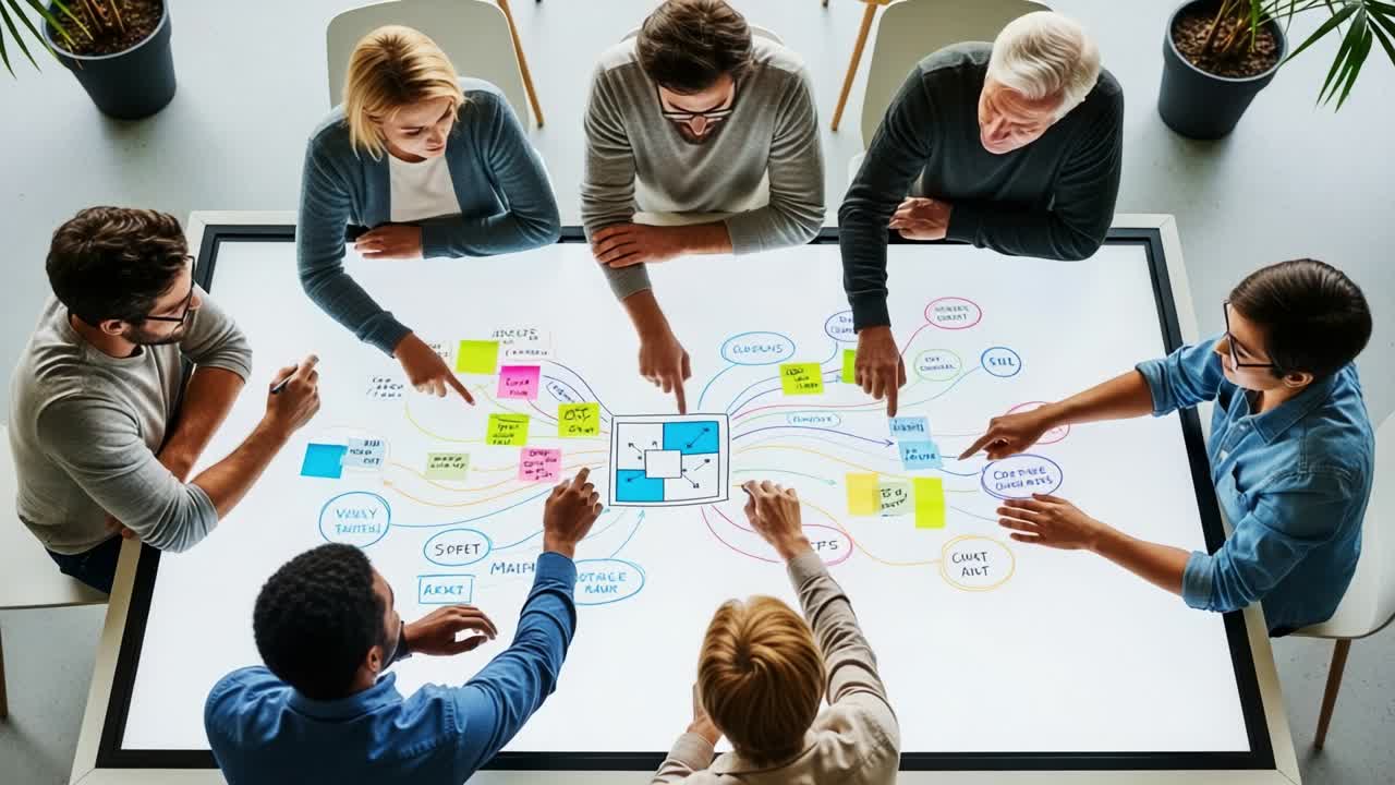 Collaborative Brainstorming Session with Diverse Team Members Engaging Around Interactive Mind Map Displayed on Table, Highlighting Creative Ideas and Colorful Sticky Notes for Effective Team Planning