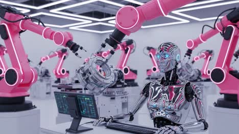 advanced robotic automation: a futuristic workspace featuring a sleek robot with high-tech arms in a cutting-edge industrial environment