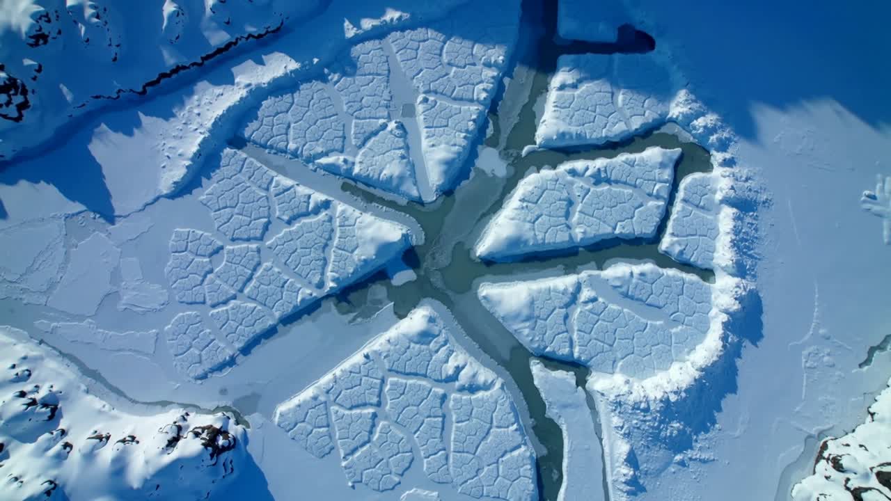 En svävande drönare kastar en skugga medan den rör sig över ett segmenterat isflak över en fjord och skannar radiella kanaler.