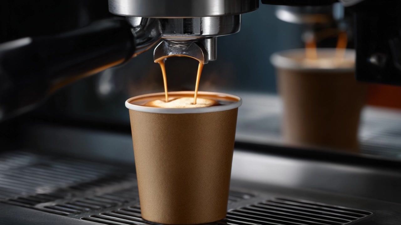 Espresso Recém-Preparado Sendo Derramado em uma Xícara de Papel Marrom de uma Máquina de Espresso, com Bela Crema e Vapor Emanando, Capturado em Detalhe de Close-Up