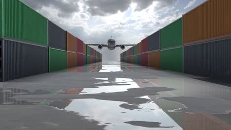 cargo plane flying over shipping containers in a wet area