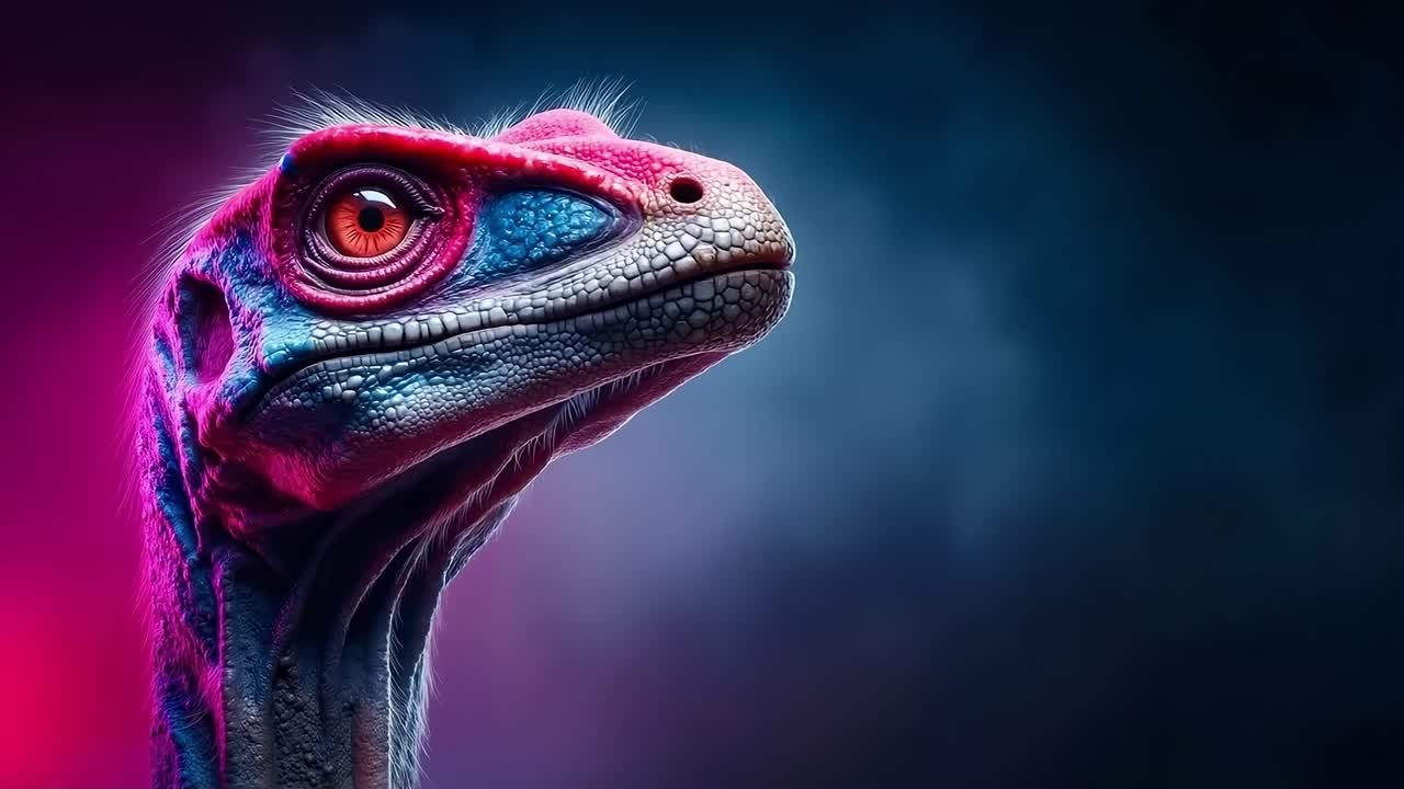 A close up of a dinosaur's head with a pink and blue background