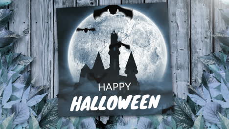 happy halloween text over spooky castle silhouette with full moon and leaves