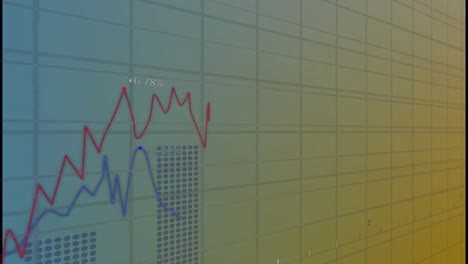 Animación-Del-Procesamiento-De-Datos-Estadísticos-A-Través-De-La-Red-De-Cuadrícula-Sobre-Fondo-Degradado-Azul-Y-Amarillo