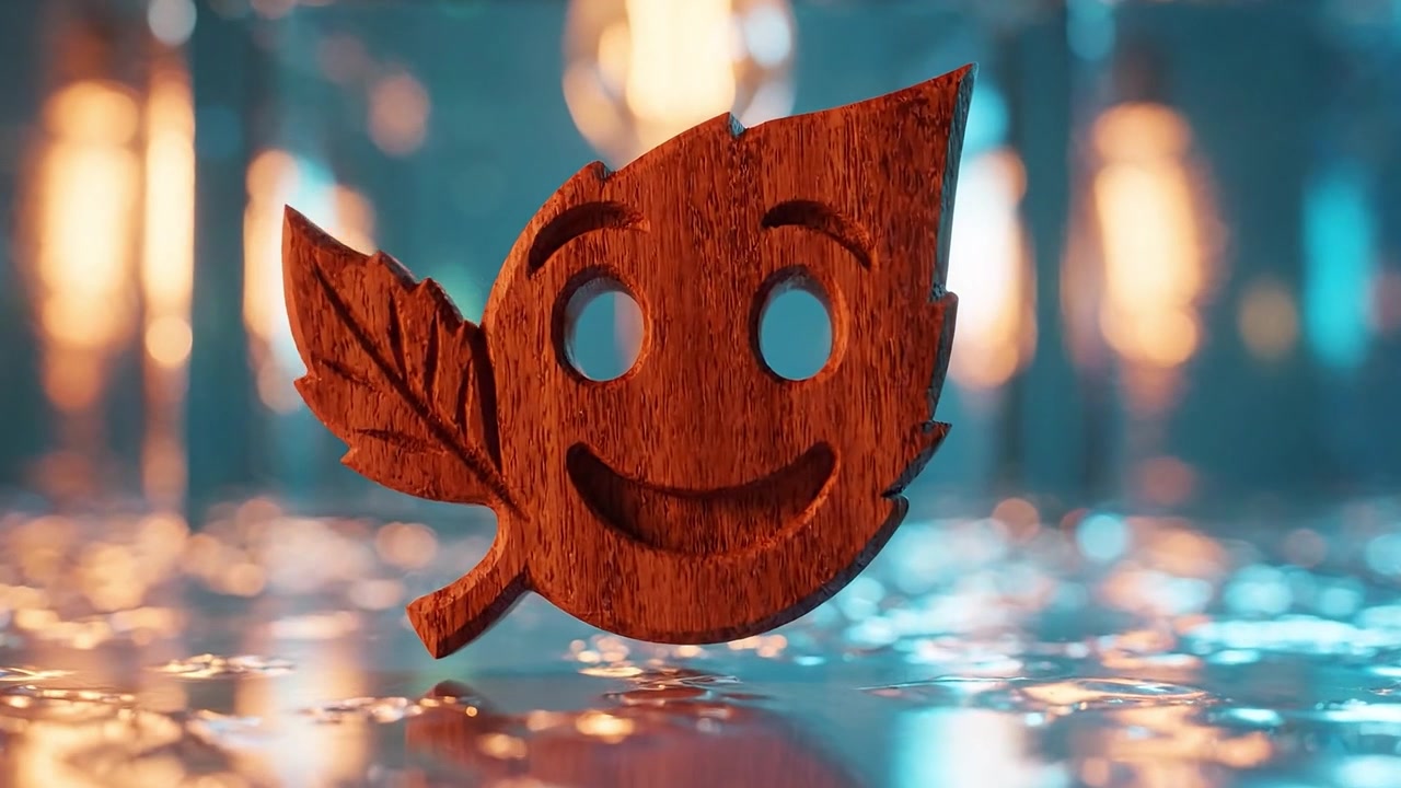 A Cheerful Wooden Smile Leaf Icon Illuminated by a Soft Light in a Reflective Environment, Capturing the Essence of Nature and Joy in a Creative Composition