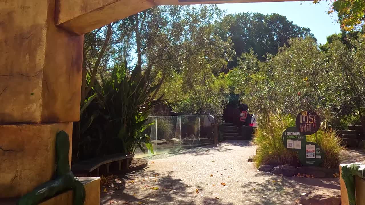Visitors enter and walk along the lush, plant-lined Dino Trail pathway.