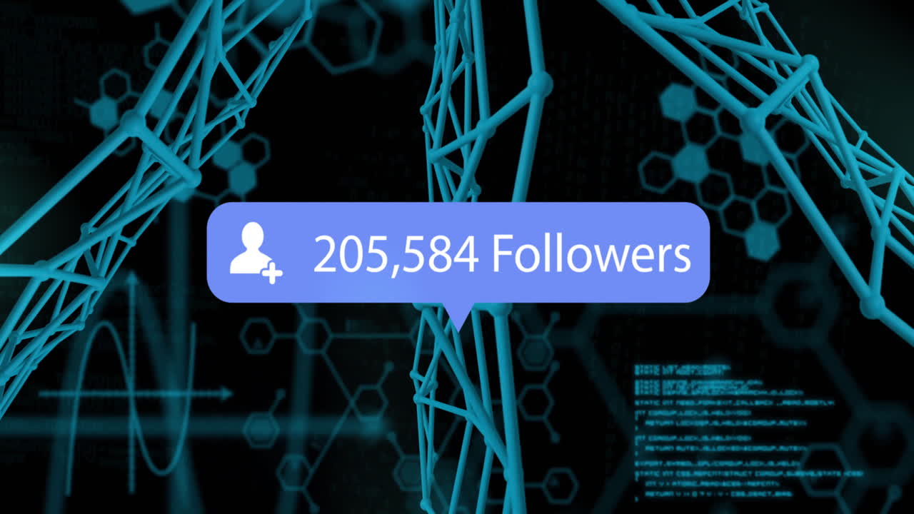 Digital follower count notification over DNA strands and binary coding animation