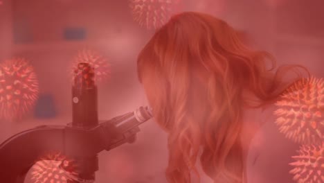 3d 코로나 19 세포의 애니메이션이 현미경을 사용하여 여성 과학자가 떠다니고 있습니다.