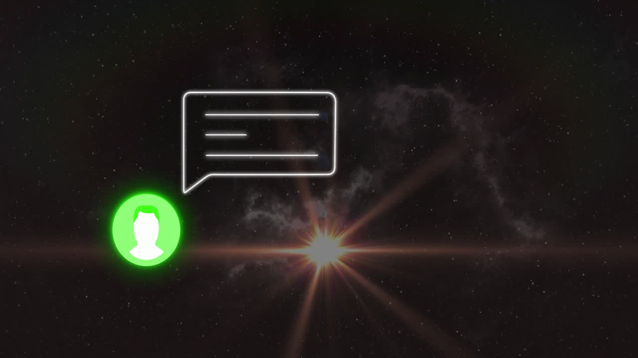 Animation of glowing chat bubble icon against cosmic background with stars