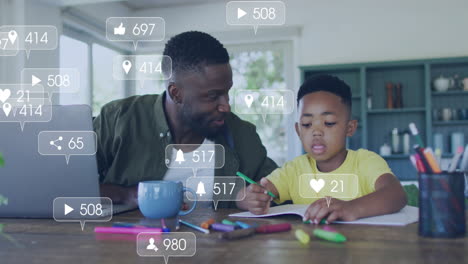 social media notifications animation over father helping son with homework at table