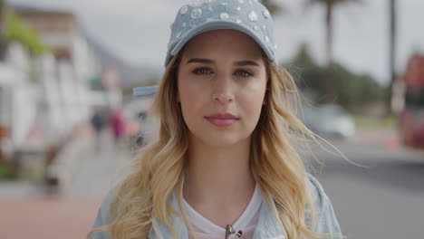 Primer-Plano-Retrato-De-Una-Joven-Rubia-Mirando-Seriamente-A-La-Cámara-Hermosa-Mujer-Caucásica-En-Unas-Soleadas-Vacaciones-Urbanas-Frente-Al-Mar