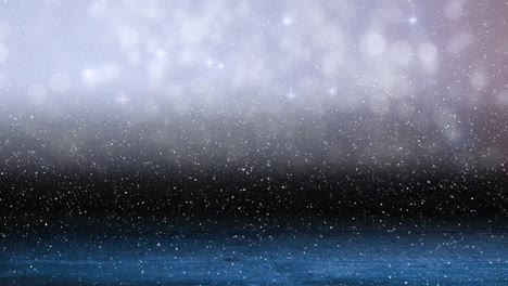 Animation-of-snow-falling-over-glowing-spots-of-light-with-copy-space-and-wooden-surface