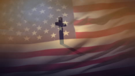 animation of christian cross over waving flag of usa