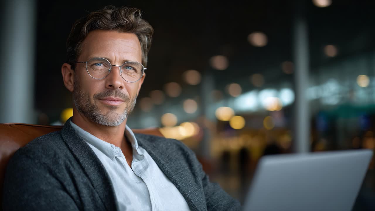 Focused Businessman Working Remotely with Laptop at Airport Lounge, Portraying Modern Professional Lifestyle, Emphasizing Concentration and Productivity